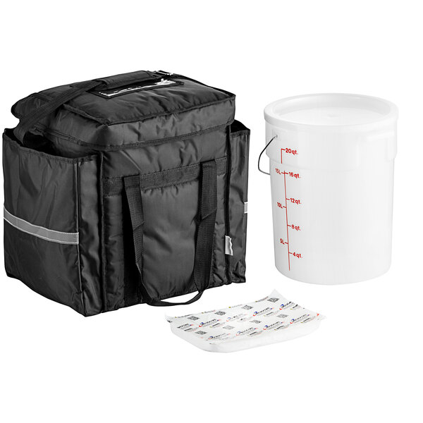 A black ServIt insulated food delivery bag with a white Cambro container inside.