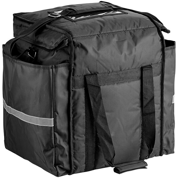 A black ServIt insulated food delivery bag with straps and a zipper.