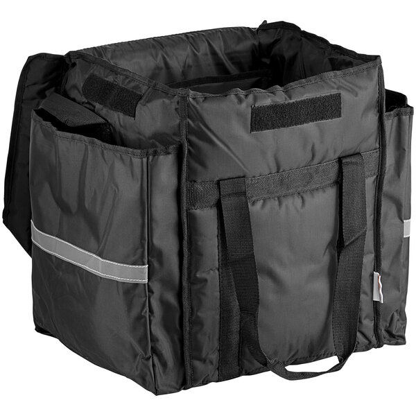 A black ServIt insulated food delivery bag with straps and two compartments.