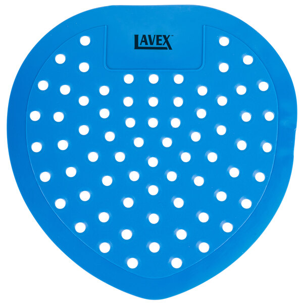 A blue circle shaped urinal screen with holes.