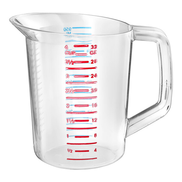 A clear Rubbermaid measuring cup with red writing on it.