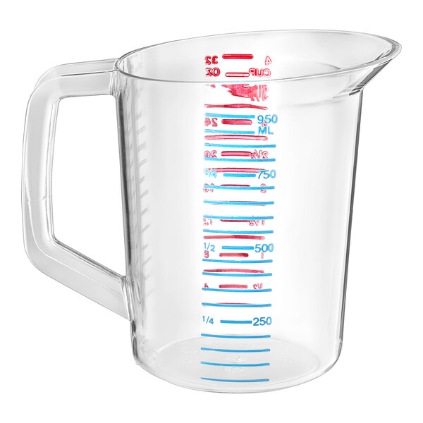 A Rubbermaid clear polycarbonate measuring cup with blue and red lines.