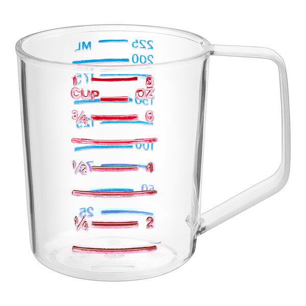 A Rubbermaid clear polycarbonate measuring cup on a counter with red and blue measurement lines.