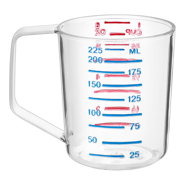 A clear Rubbermaid Bouncer measuring cup with red and blue measurements.