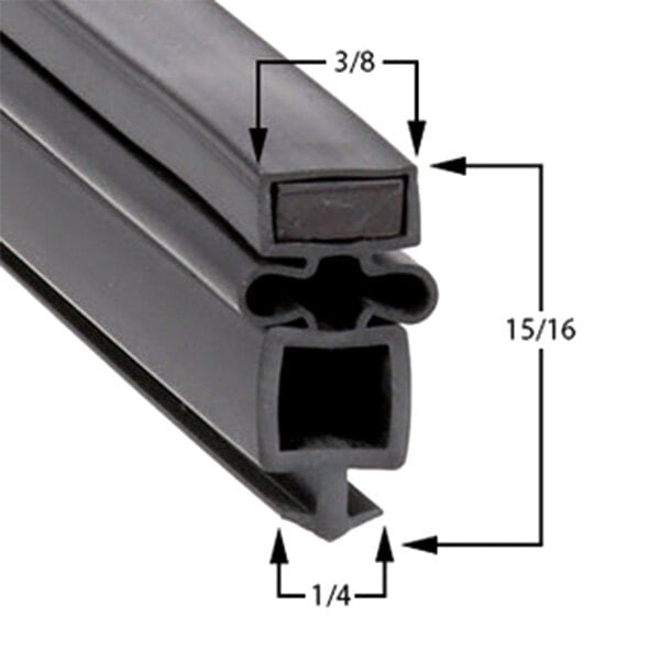 A close-up of a black rubber door gasket with measurements.