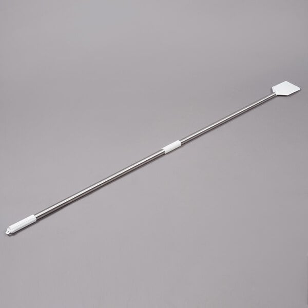 A metal rod with a white nylon blade and stainless steel handle.