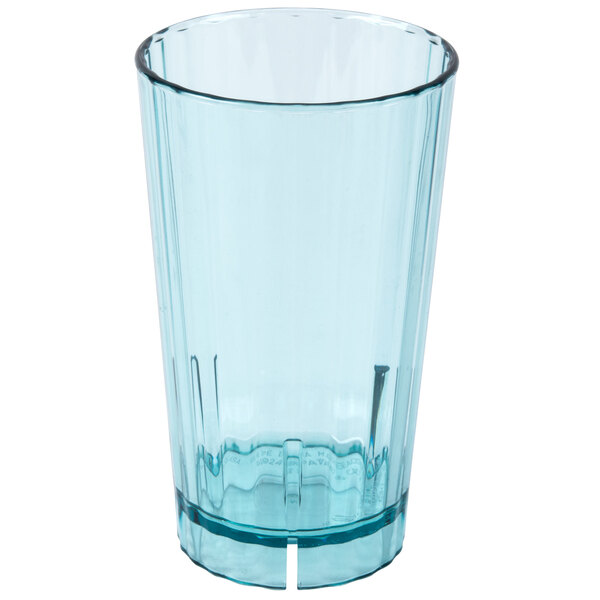 A blue Cambro tumbler with a clear bottom.