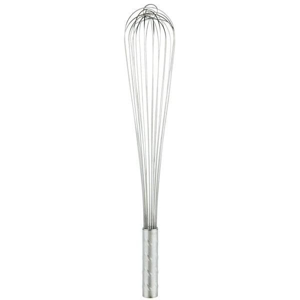 A Vollrath Jacob's Pride stainless steel piano whisk with a handle on a white background.