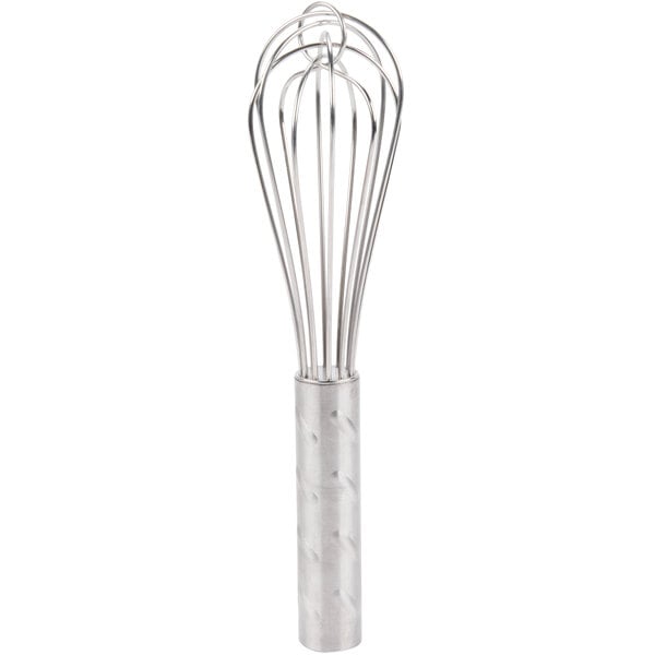 A Vollrath stainless steel whisk with a handle on a white background.