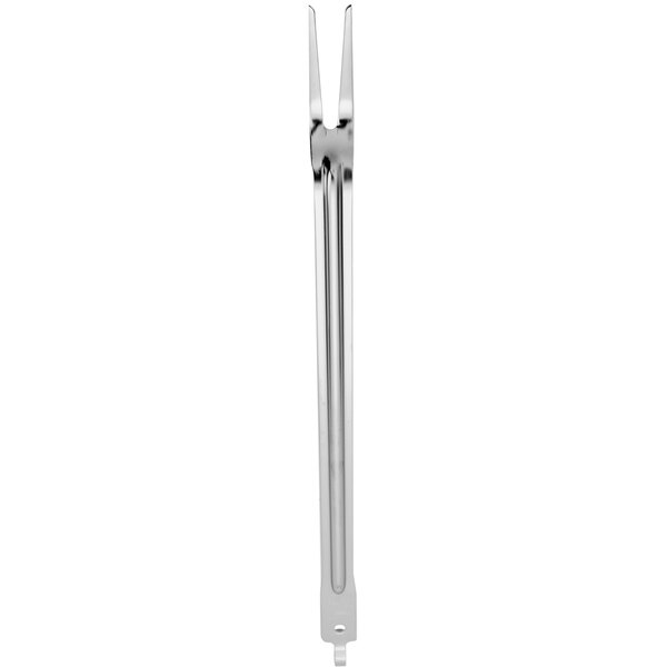 A silver metal Vollrath hooked handle pot fork.