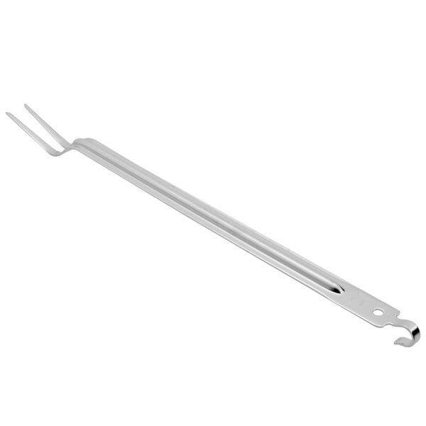 A silver stainless steel Vollrath pot fork with a hooked handle.