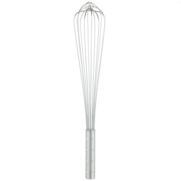 A Vollrath stainless steel whisk with a handle on a white background.