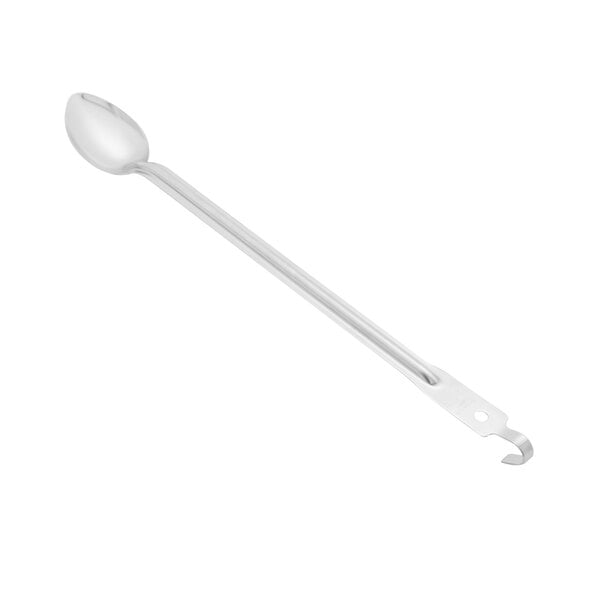 A Vollrath silver spoon with a hooked handle.