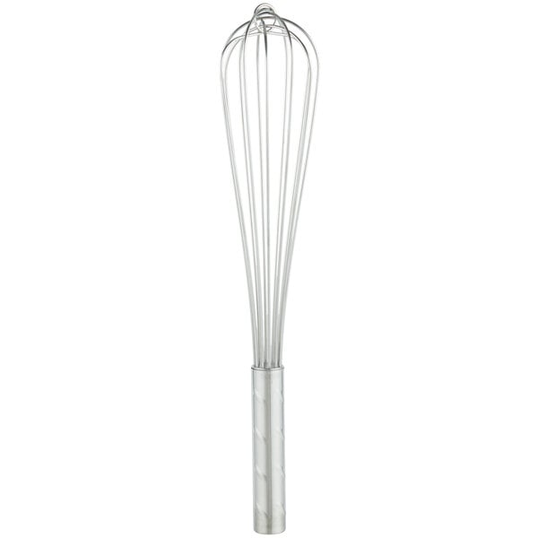 A Vollrath stainless steel whisk with a handle on a white background.