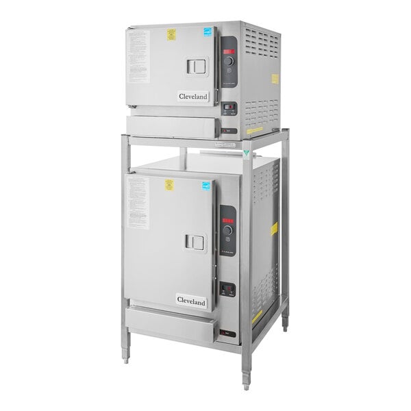 A stainless steel Cleveland Double Deck SteamChef with two doors and two racks.