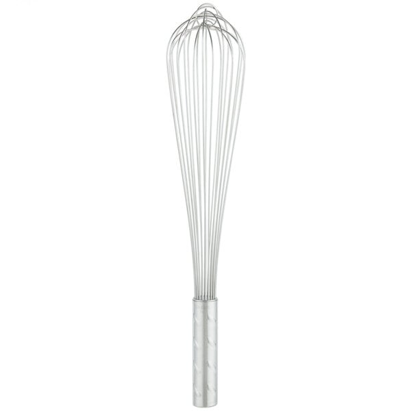 A Vollrath stainless steel piano whisk with a metal handle on a white background.