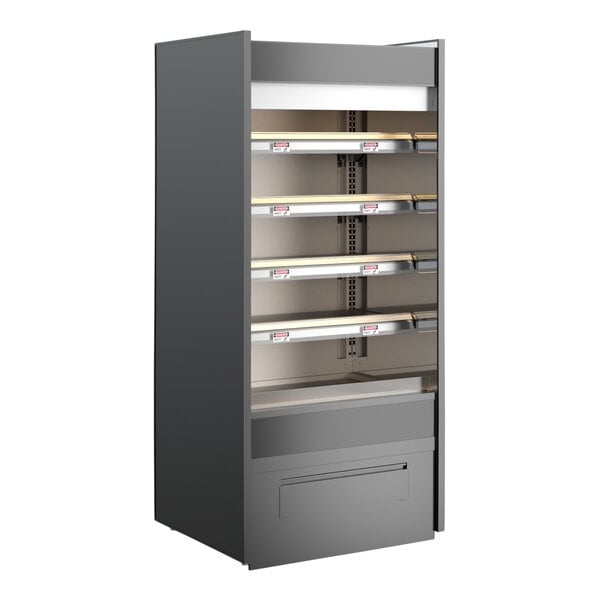 A black metal heated self-service display case with shelves.