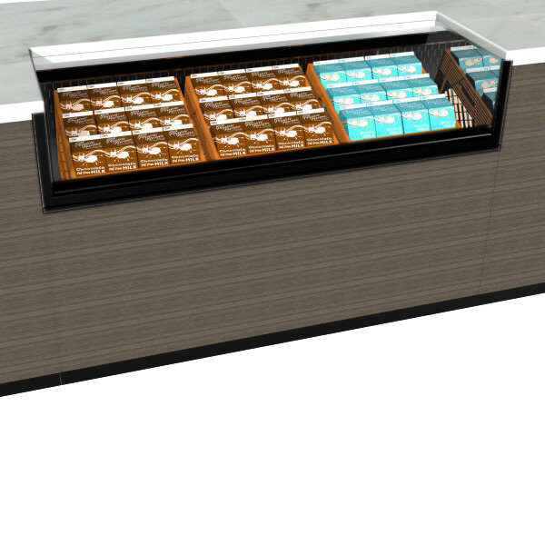 A Structural Concepts Oasis undercounter milk crate merchandiser filled with boxes of milk.