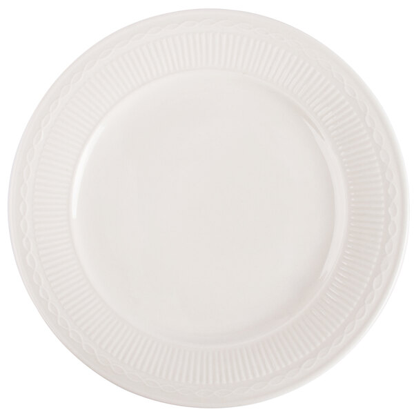 A 9 3/8" ivory china plate with an embossed white border.