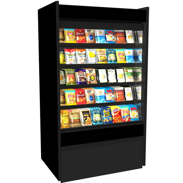 A black display case with shelves of different snacks.