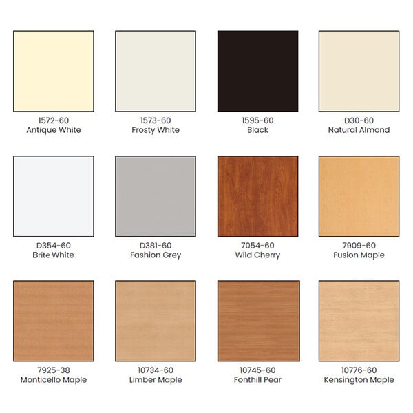 An image showing a selection of laminate color and wood grain finish samples for furniture or cabinetry.