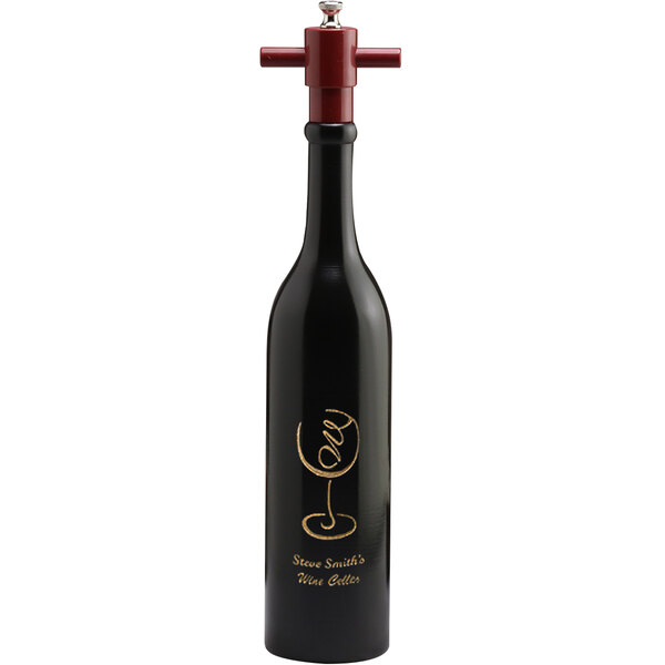 A black bottle with a white lid and a red handle.