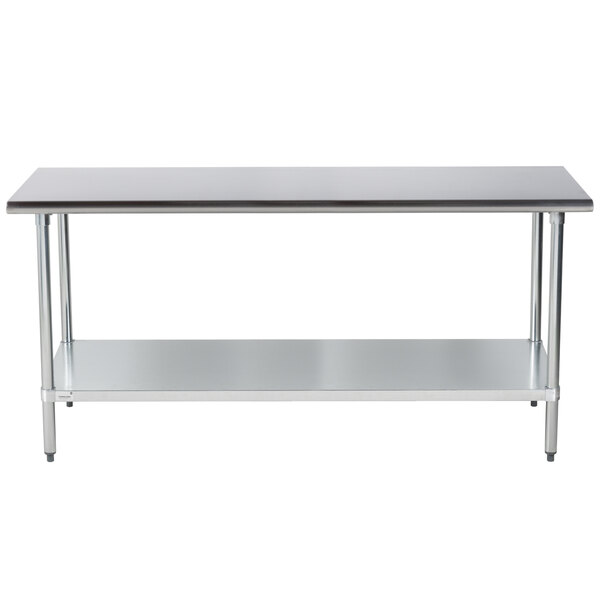 A stainless steel work table with a galvanized undershelf.