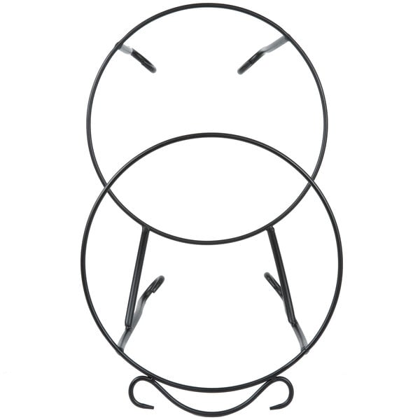 An American Metalcraft black metal two-tier display stand with two circles.