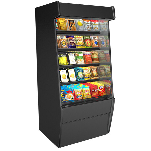 A black Structural Concepts non-refrigerated display case with different types of food on shelves.
