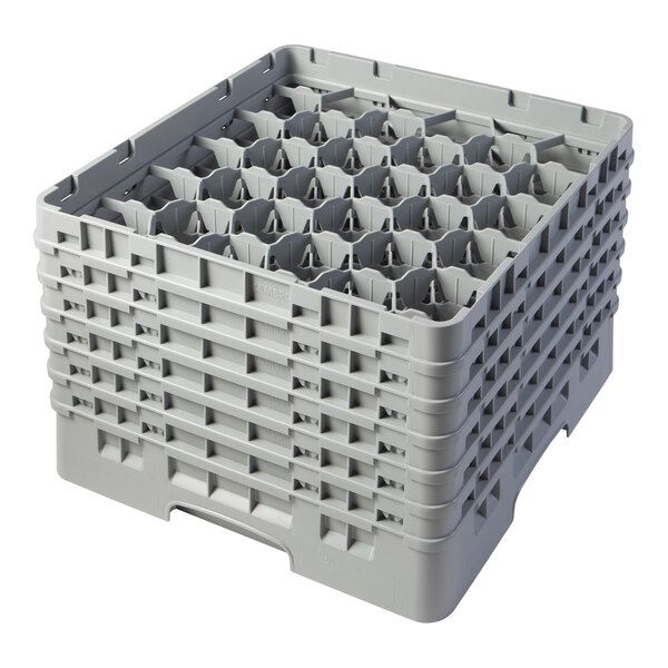 A large soft gray plastic Cambro 30 compartment glass rack with extenders.