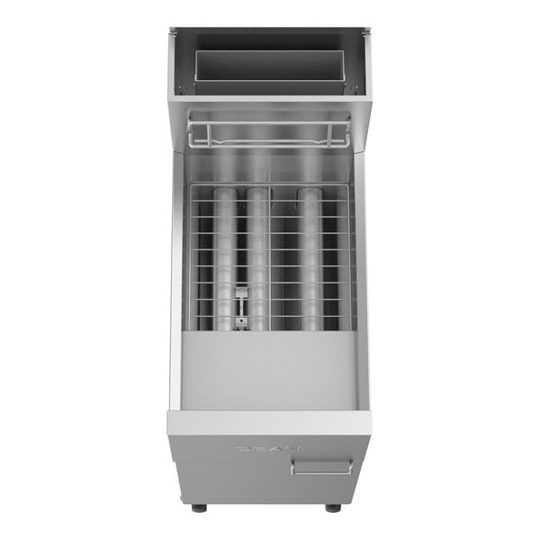 A commercial stainless steel floor fryer with digital controls and a front access door.