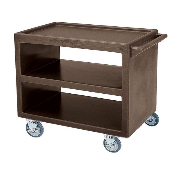 A dark brown Cambro plastic service cart with wheels.