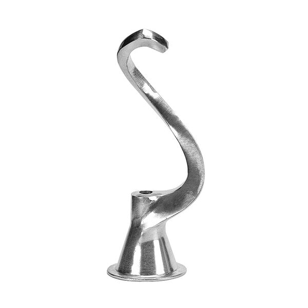 A silver aluminum spiral dough hook for a Globe SP25 mixer.