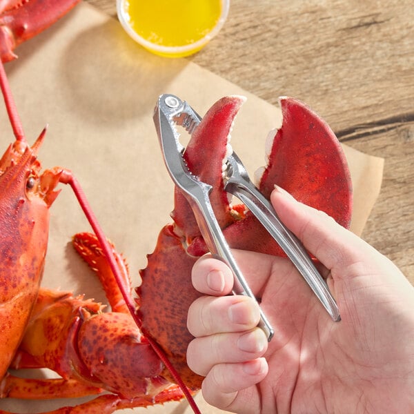 A hand using a silver 6-inch double jaw chromium-coated zinc alloy lobster cracker to crack a lobster claw.