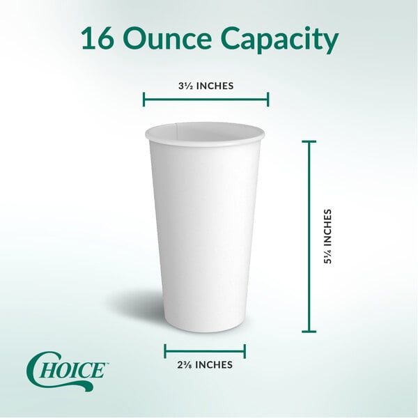 Choice white paper cup shown with cup measurements and a green and white background.