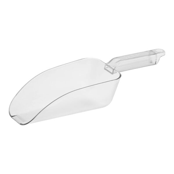 A clear plastic scoop with a handle, designed for scooping dry goods.
