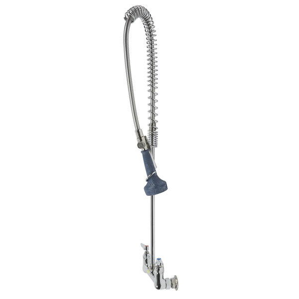 A T&S stainless steel pre-rinse faucet with metal hose.