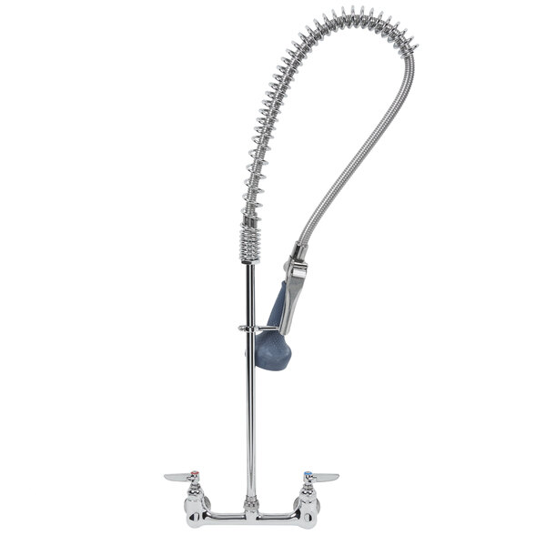 A chrome T&S EasyInstall wall mounted pre-rinse faucet with a flexible hose.