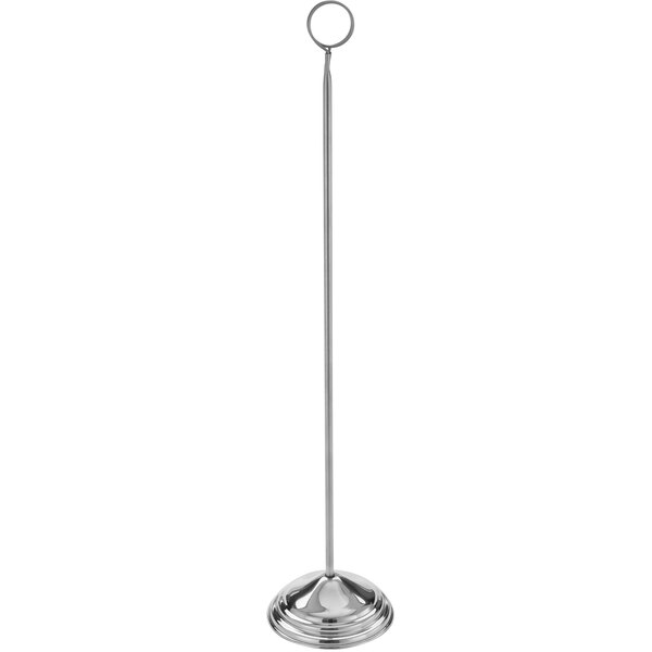 An American Metalcraft stainless steel number stand with a ring on top and a long silver pole.