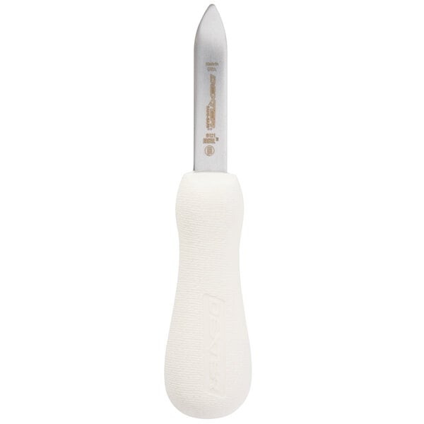 A Dexter-Russell white oyster knife with a stainless steel blade and white handle.