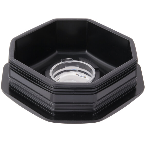 A black hexagon shaped container with a clear lid.