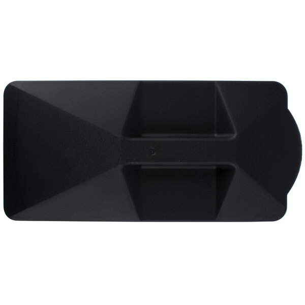 A black rectangular lid with a white border and a triangular design.