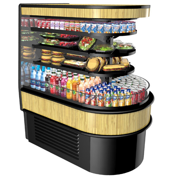 A Structural Concepts Oasis black end cap air curtain merchandiser with food and drinks on display.