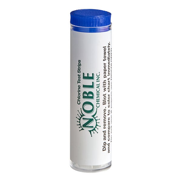 A vial of Noble CM-240 chlorine test strips with a blue cap.