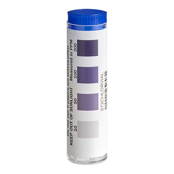 A vial of Noble CM-240 chlorine test strips with a blue cap and a color comparison chart on the label.