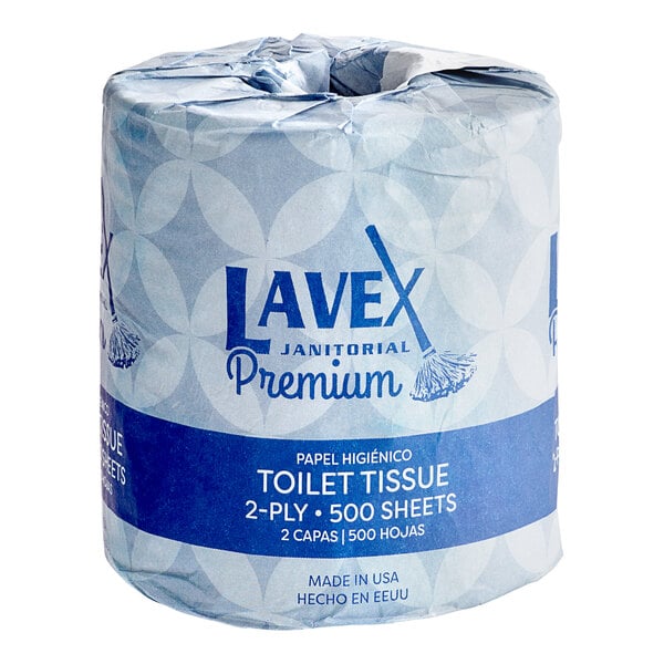 Lavex Premium 3 1/2 x 4 1/2 Individually-Wrapped 2-Ply Standard 500 Sheet  Toilet Paper Roll - 96/Case