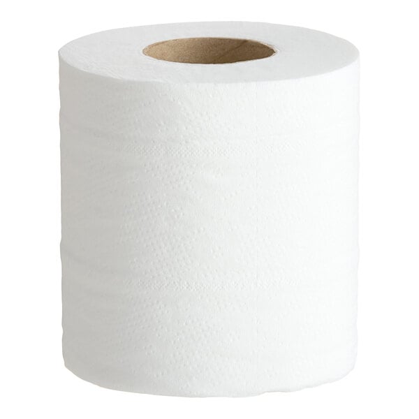 A roll of white, 2-ply standard toilet paper with a cardboard core.