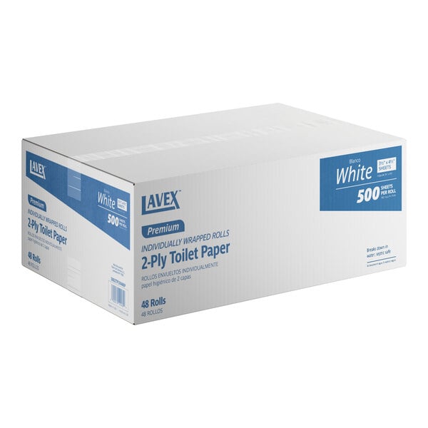 A case of Lavex Premium individually wrapped 2-ply toilet paper rolls, containing 48 rolls with 500 sheets per roll.