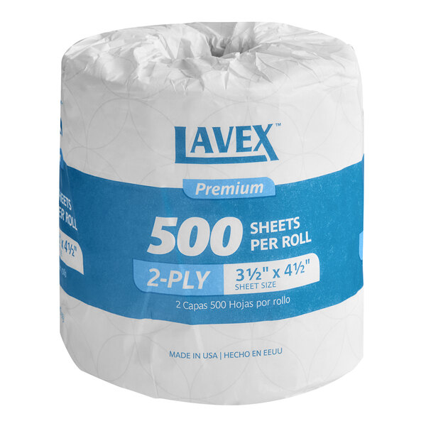 A roll of Lavex Premium 2-ply toilet paper with 500 sheets, individually wrapped.