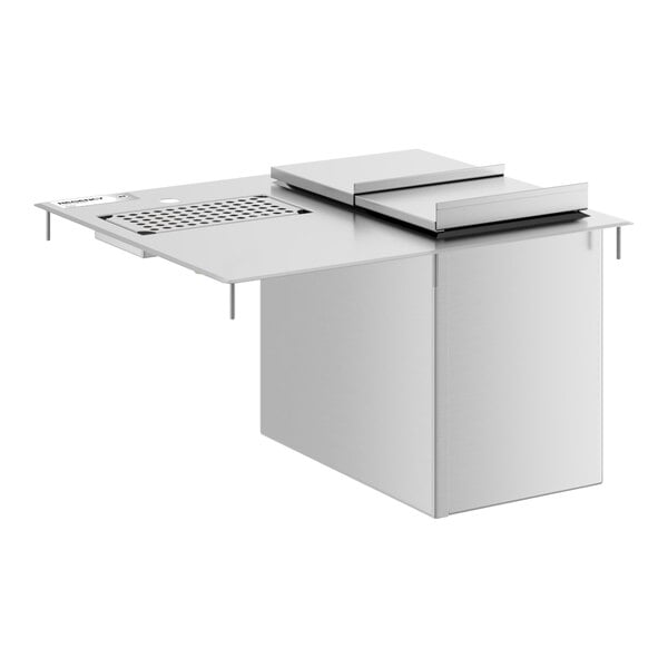 A stainless steel water station with an integrated ice bin and perforated drain area, featuring a modern, angular design.